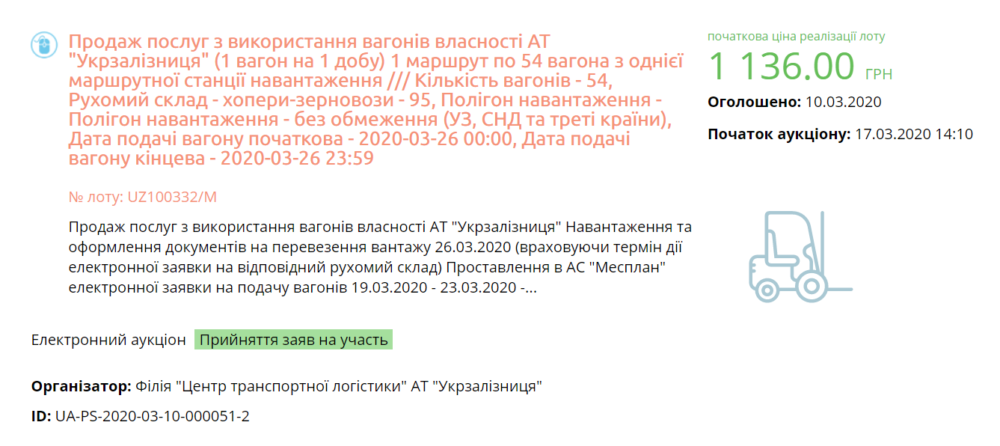 Укрзалізниця виставила 73 лоти в ProZorro.Продажі щодо послуг перевезення вантажу