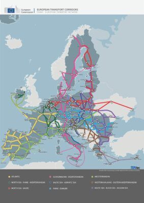 Карта Транс’європейської транспортної мережі TEN-T з Україною, включеною до європейських транспортних коридорів